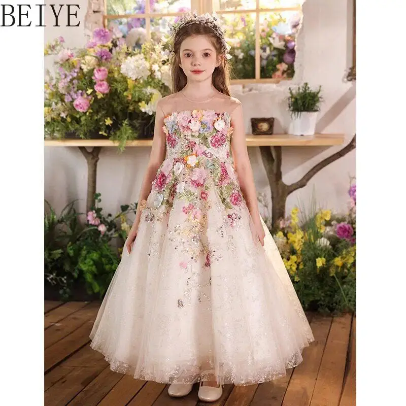 

Flower Girl Birthday Princess Dress High End French Beautiful Host Catwalk Dress Children Floral Piano Performance Dress