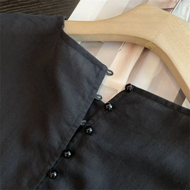 2025年新作 夏 ノースリーブ リネン ミディ丈 ベストワンピース レディース ゆったり マッシュルームボタン Aライン カジュアルワンピース ファッション Oネック