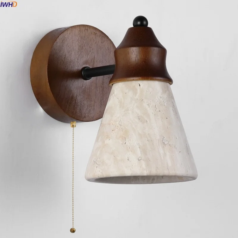 

IWHD Wood Stone LED Wall Sconce For Home Lighting Living Room Lights Pull Chain Switch Mid Century Modern Bedroom Lamp Arandela