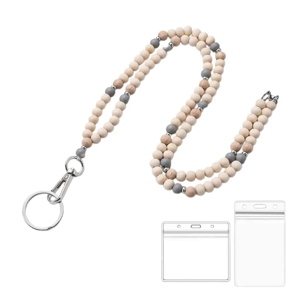 Retractable ID Badge Holder Lanyard Natural Wood Bead Stainless Steel Clasp Boho Keychain Necklace Multi-Functional