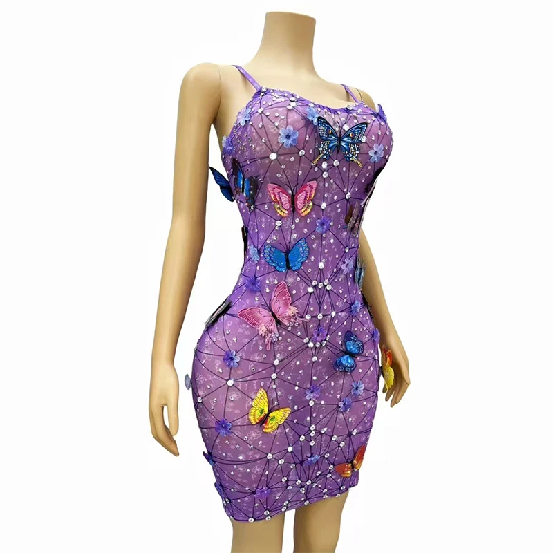 

Purple Butterfly Diamond Short Dress for Women Birthday Celebration Party Transparent Dresses Singer Club Nightclub Bar Costume