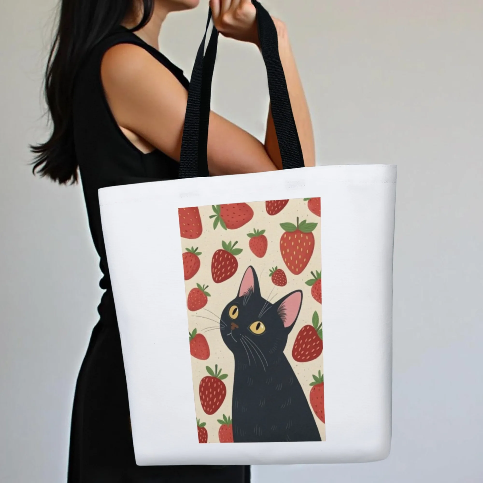 Sweet Cat Style Canvas Tote Bag Black Cat & Strawberry Design Shoulder Bag for Women Large Reusable Suitable for Daily Dating