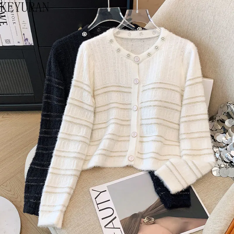 2024 Autumn Winter Striped Knitted Sweater Cardigan Women's Vintage O-Neck Long Sleeve Peals Beading Sweaters Ladies Tops Jumper