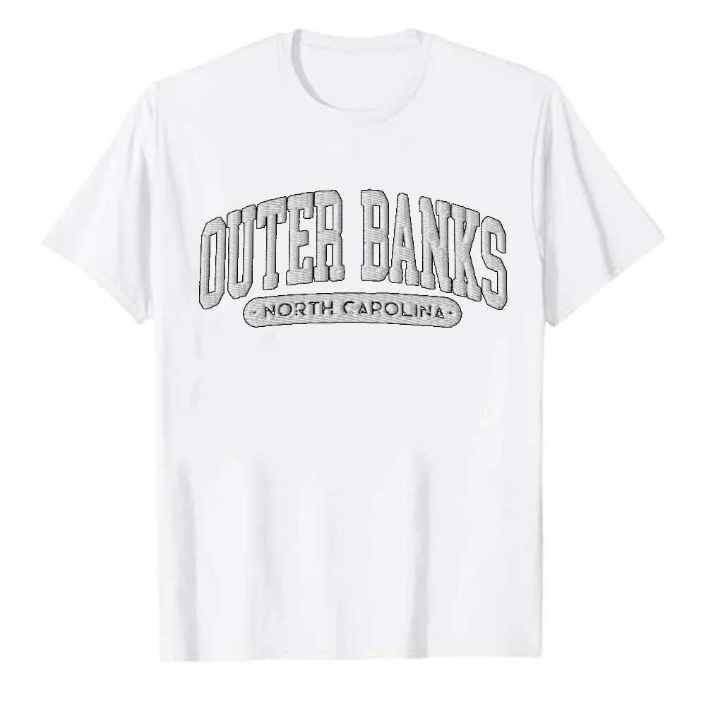 Outer Banks North Carolina Vintage Varsity Letter Graphic T‑Shirt Casual Cotton Tees Retro Distressed Text Print Coastal Tops