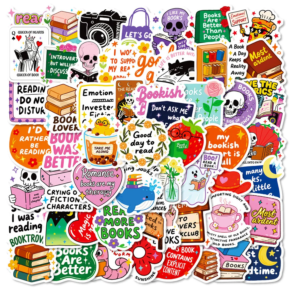 56Pcs Reading Book Themed Cartoon Text Stickers, Full English Decals for Skateboard & Guitar DIY Decor AnimeWorlds Store