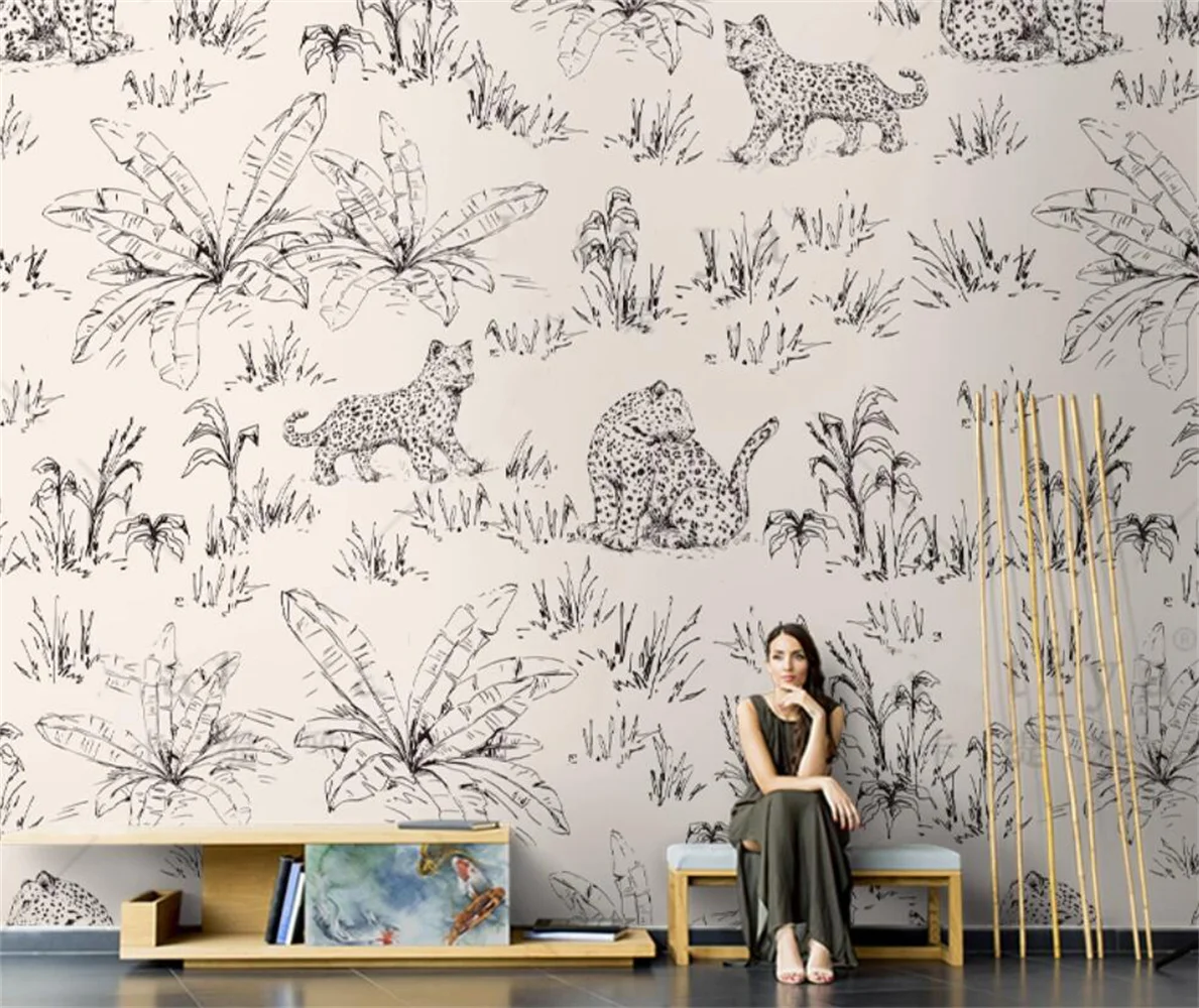 New American hand drawn animal bedroom wall paper French TV background wall bedroom wallpaper mural
