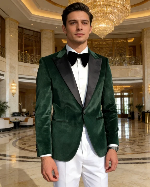 

One Button Dark Green Velvet Groom Tuxedos Peak Lapel Men Suits 2 pieces Wedding/Prom/Dinner Blazer (Jacket+Pants)