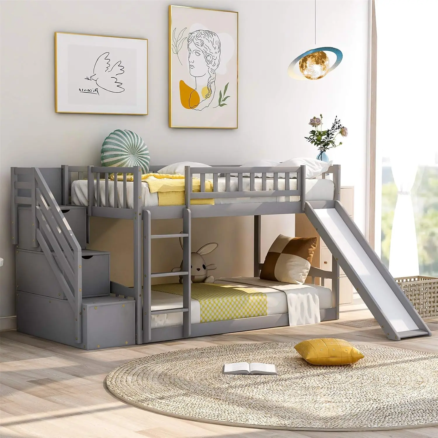 

Twin Over Twin Bunk Beds With Slide, Low Bunk Bed Frame With Storage Drawers Stairway Wood Bunk Bed With Slide For Kids Boys