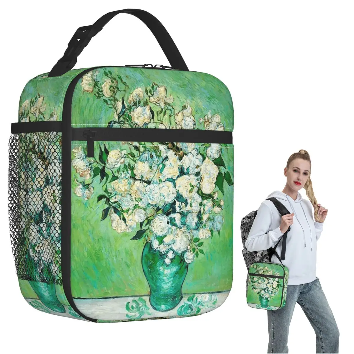 

Oil Painting Green Vase Floral Insulated Lunch Bag for Women Kids Leakproof Food Boxes Thermal Lunch Box Tote
