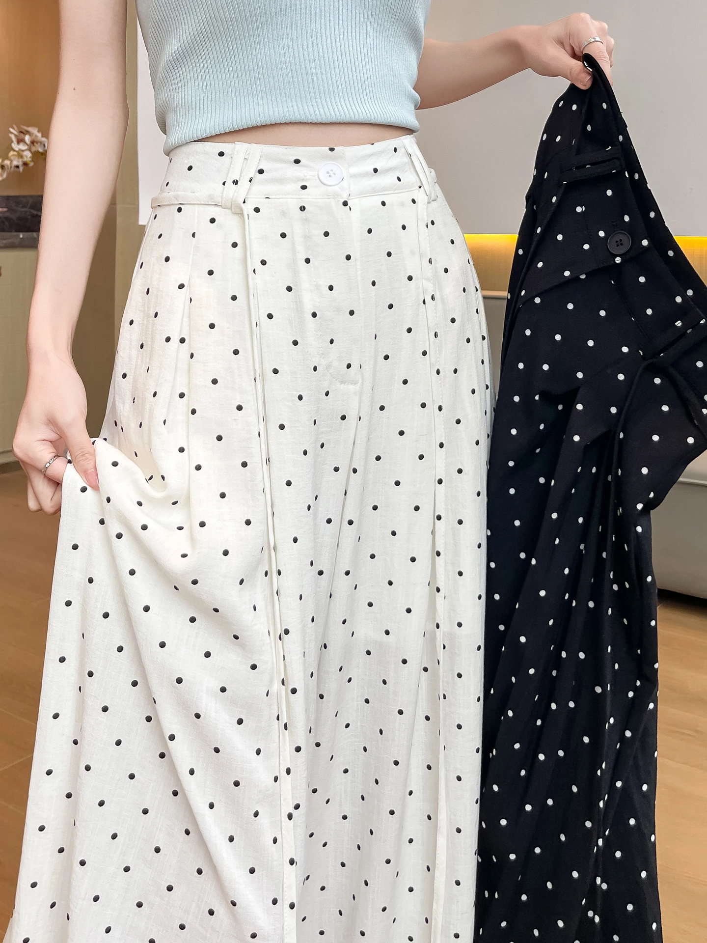 

White Polka Dot Print Linen Yamamoto Pants Women Summer New Thin Hanging Loose Ice Silk Cotton Linen Wide Leg Pants