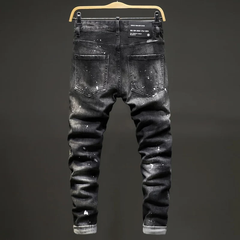 Men Black‑Grey Streaky Wash Red Zipper Decor Ripped Splash‑Paint Stretch Skinny Denim Jeans Hip‑Hop Streetwear Denim Jeansy2k