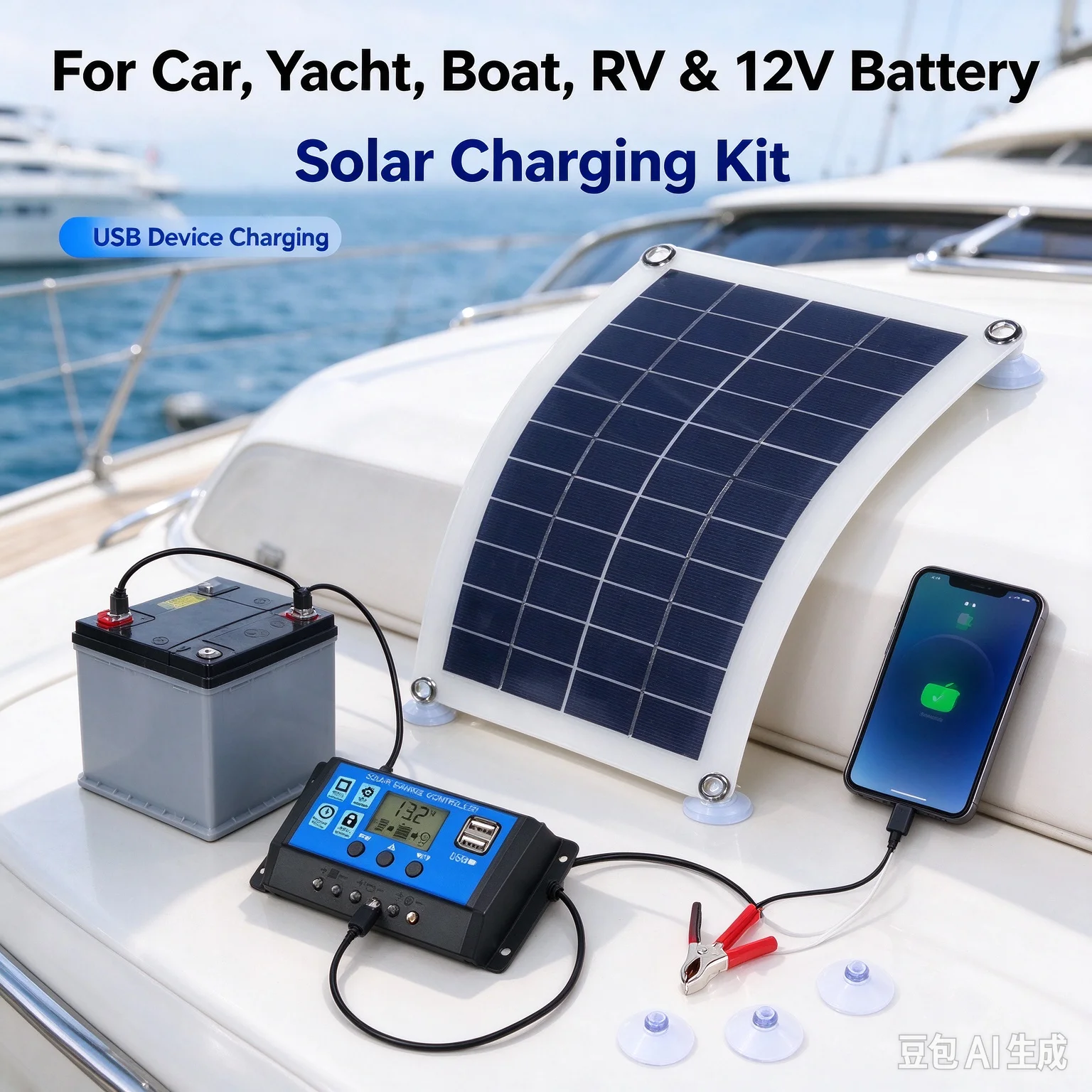 60W 12V Polycrystalline Solar Panel with Dual USB Port, Solar Cell Charger for Car, Yacht & Boat Batteries, Optional 20/30/40/50