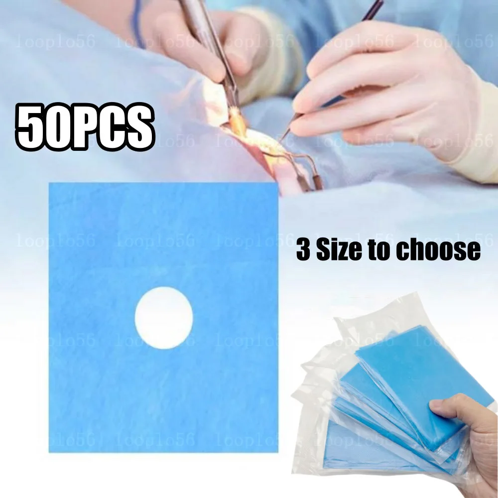 50PCS Blue Disposable Nonwoven Surgical Hole Sheets Sterile Drape for Dental Operating Environments Individually Packaged