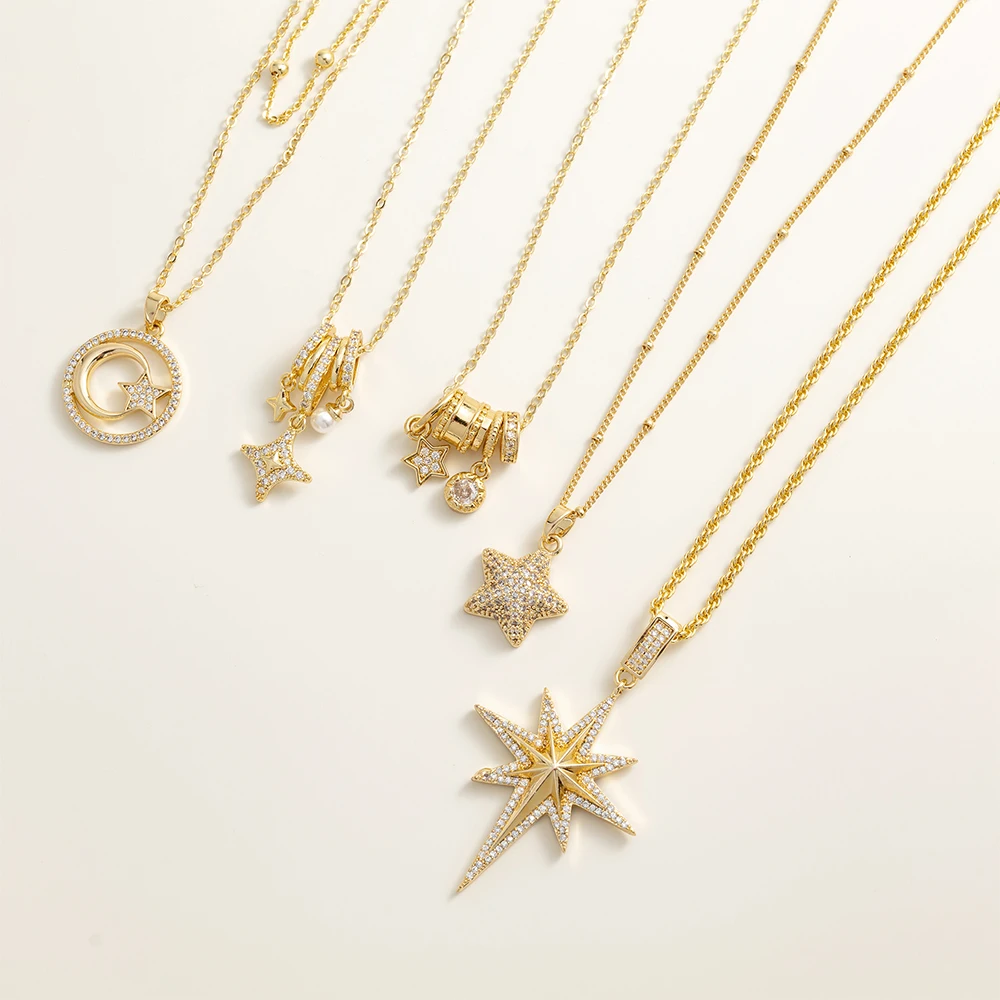 Monkton Celestial Star Moon Necklaces for Women-Gold Plated Zircon Pendant Clavicle Chain Nautical Compass/Star Charm Jewelry