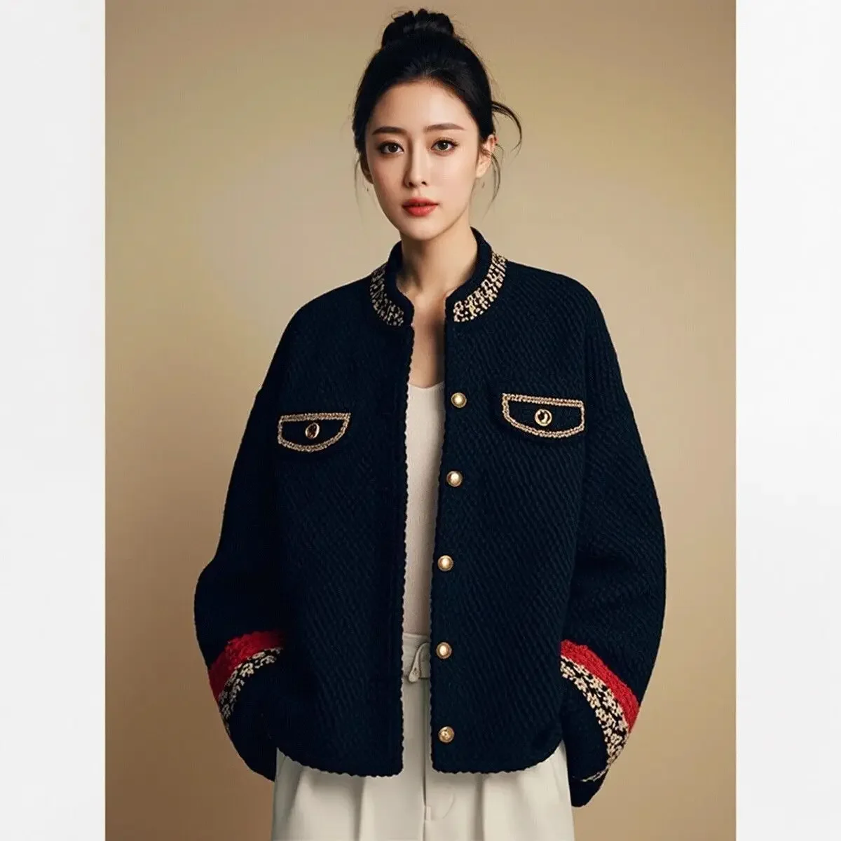 Trendy Vintage Harajuku Women Jackets Loose Autumn New Coat for Ladies All-match Patchwork  Single-breasted Pockets Design Tops