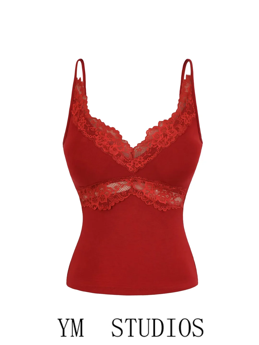 Sexy V-neck Lace Patchwork Strap Vest Women's Removable Chest Pad Waist-cinching Bra Trendy Short-length Elastic Fit Inner Wear