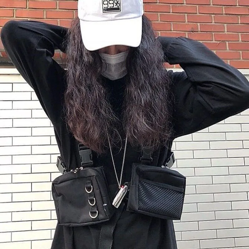 Bolso de pecho estilo punk streetwear unisex, bolsos tácticos de hip-hop, chaleco funcional, riñonera, mochila con correas para mujer, bolso para teléfono.