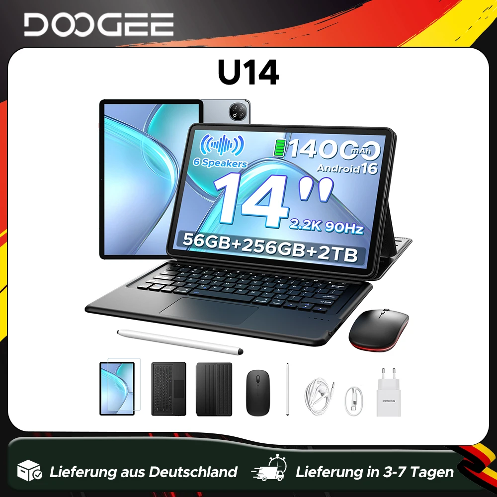 DOOGEE U14 - Tablet - 56 GB RAM (6+50 GB) + 256 ROM (2TB/TF) - GAMINI AI - 14 inch 2.2K+90 Hz - 14000 mAh/33W - 6 Speakers - RK3576S AI - 16 MP+8 MP - Android 16 - WiFi 6 - OTG - Blauw