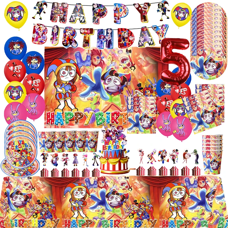 Vajilla de circo Digital The Amazing, decoración de fiesta de cumpleaños, pancarta de globo, adorno para pastel, suministros para fiesta de Baby Shower