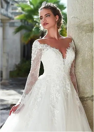 Long Sleeves Brautkleider 2022 Spitze Appliques Tüll Hochzeit Kleider A-linie Sheer Zurück Vestios De Novia