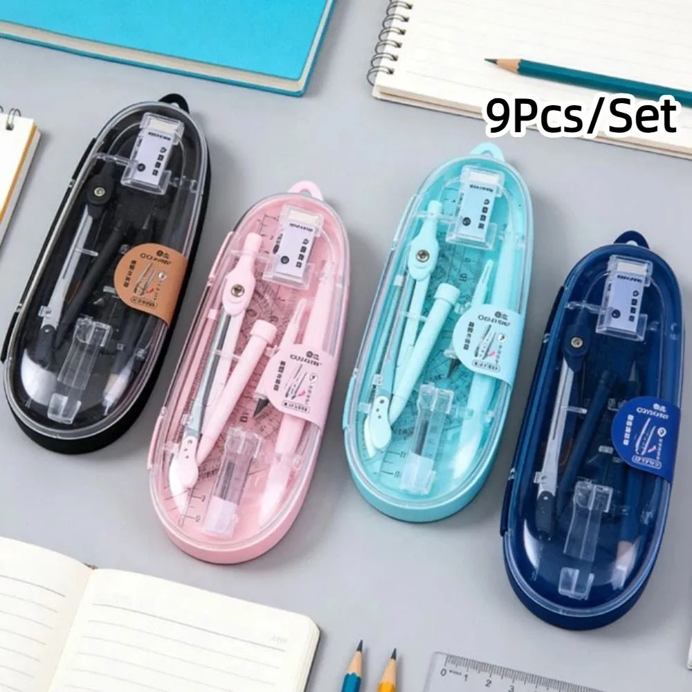 9Pcs/Set Straight Ruler Math Geometry Kit Protractor Compass Transparent Ruler Set Measuring Ruler Sign Pen