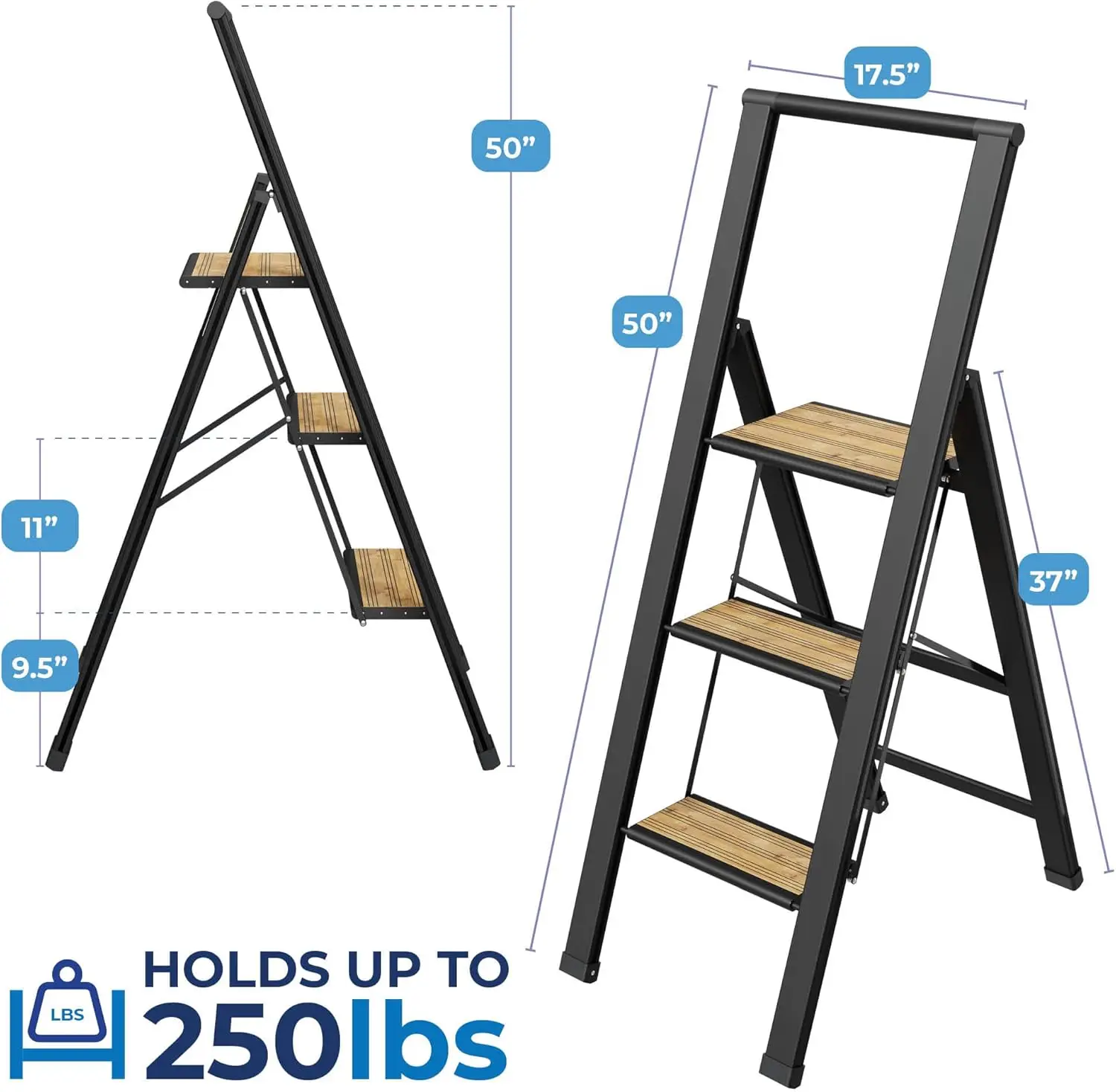 Ladder 3 Step Folding, Decorative - Beautiful Bamboo & Black Aluminum, Ultra Slim Profile, Anti Slip Steps, Sturdy-Portable