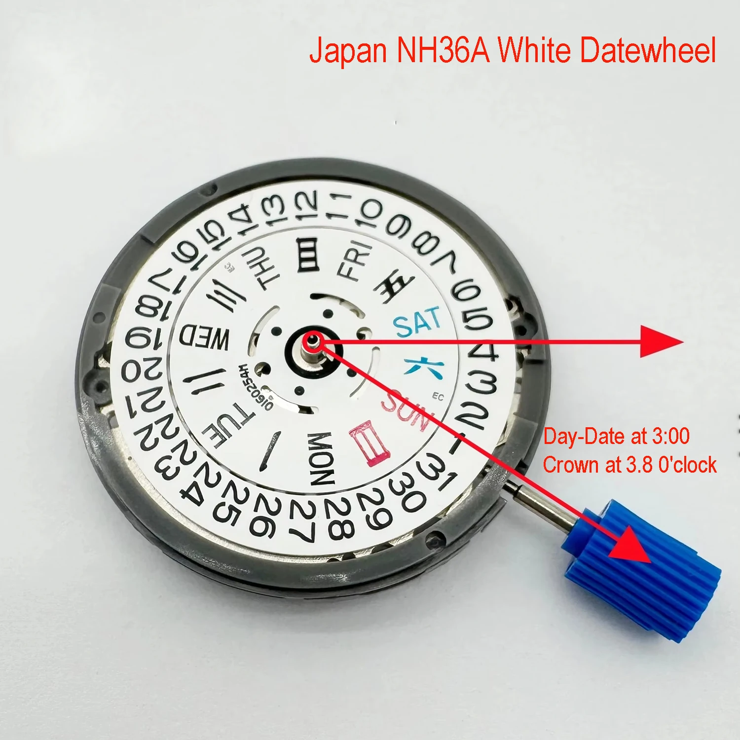 Japan Genuine NH36A Automatic Movement White Day-Date Wheel At 3.0 Crown At 3.0/3.8 O'Clock,NH36 4R36A Watch Part 24 Jewels