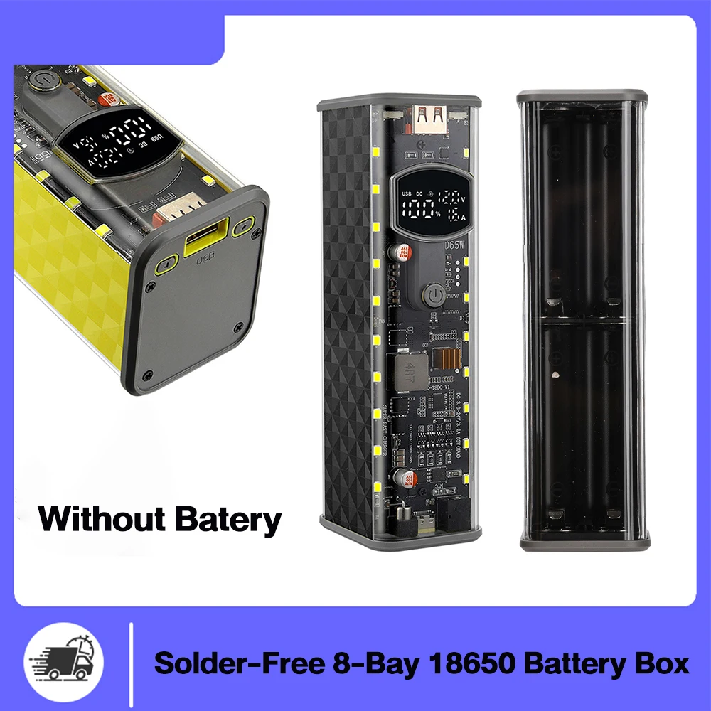 

PD 65W Solder-Free 8-Cell 18650 Battery Box Without Battery Super Fast Charging Transparent Power Bank Case Mobile Power Case