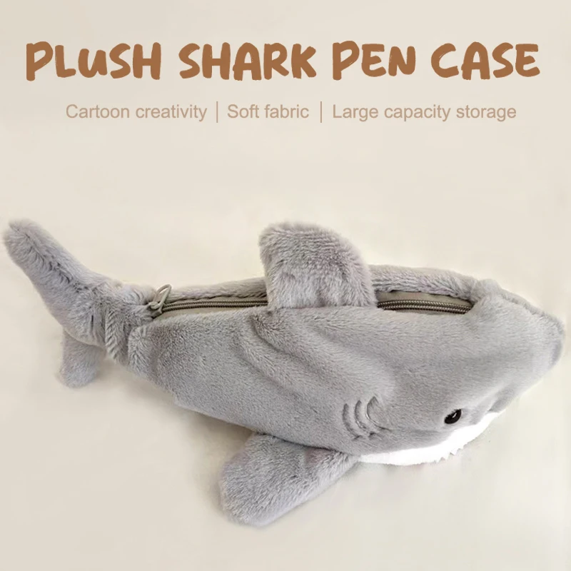 Cute Plush Ocean Shark Pencil Case Portable Cosmetic Bag School Office Supplies Large Capacity Pen Pouch Stationery Storage Box