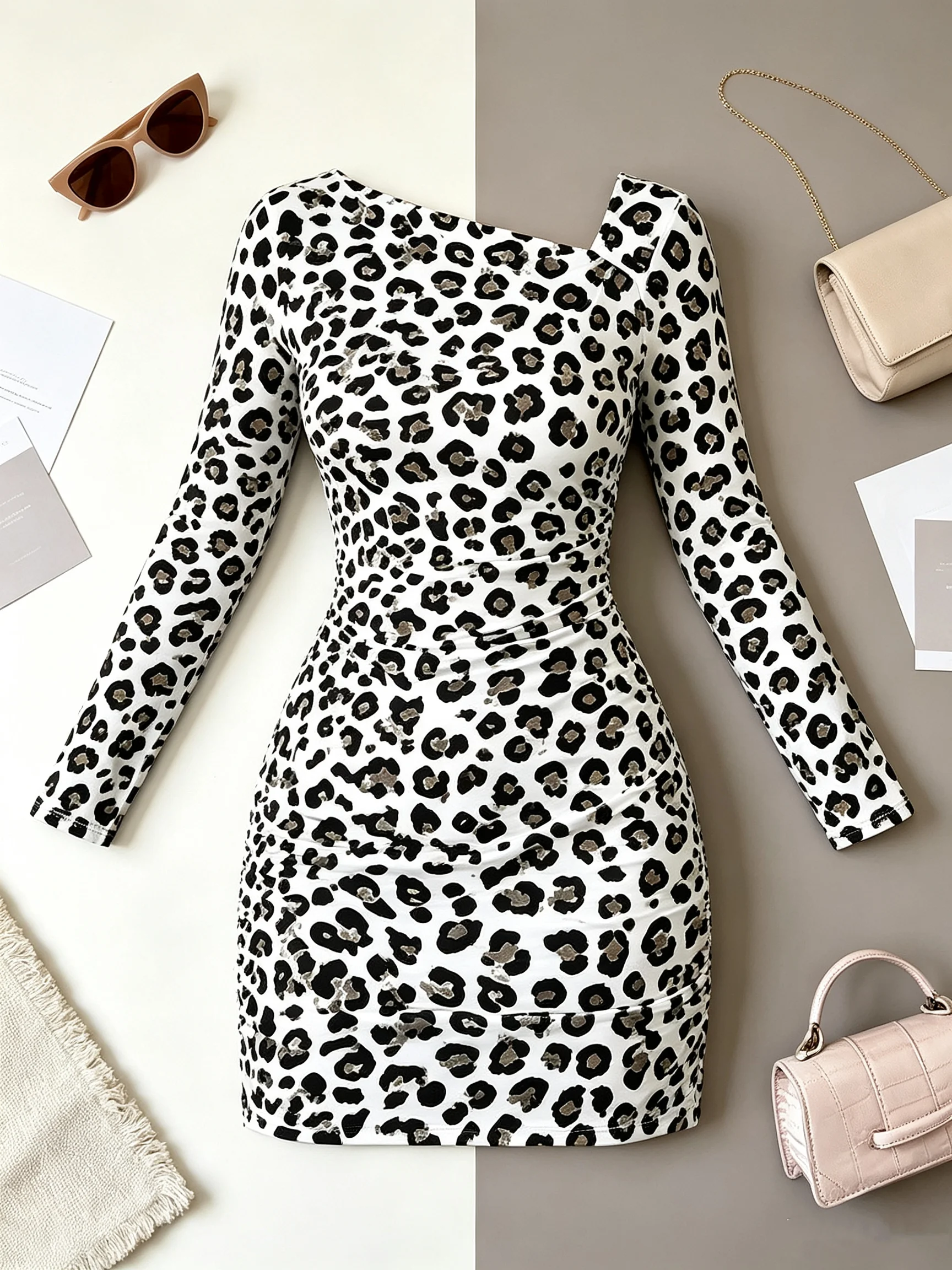 Damenkleid mit geometrischem Polka-Dot-Muster, langen Ärmeln, lässig, elegant, bequem, Minirock, schräger Kragen, Herbstmode – Detail 2