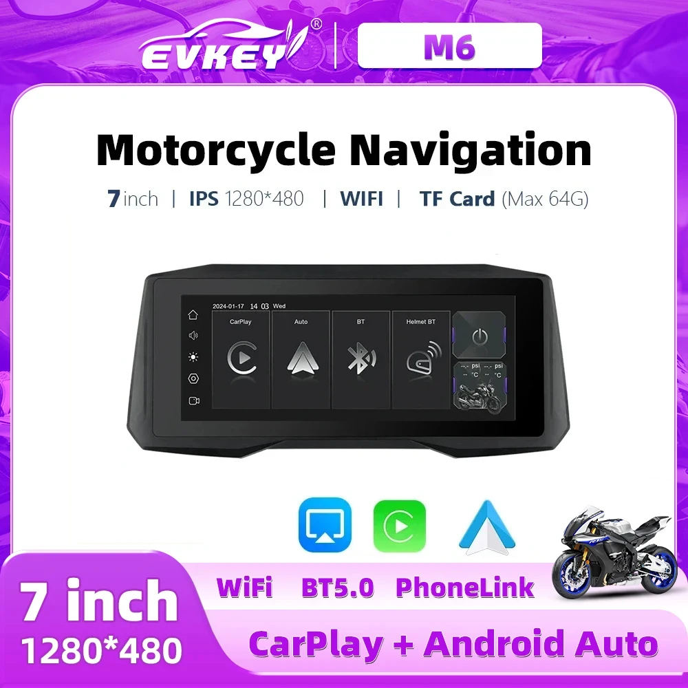 EVKEY New 7inch Motorcycle Navigation Wireless CarPlay Android Auto Airplay Display Screen Portable Motorcycle Monitor