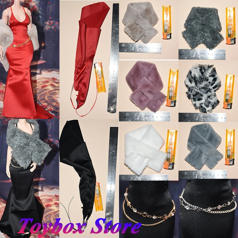 World box 1/6 weibliche Soldatin ärmellose nachlaufende lange Rock Pelz Schal Gold Silber Taille Kette Zubehör für 12
