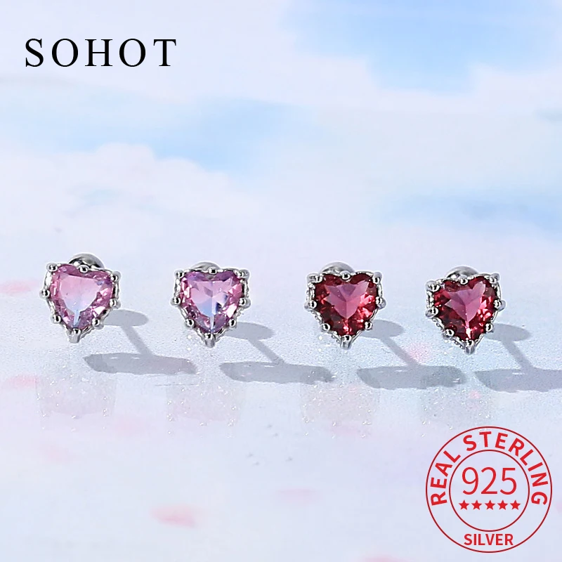 

Real 925 Sterling Silver Piercing Screw Bead Heart Zircon Mini Stud Earrings for Fashion Women Fine Jewelry Colorful Accessories