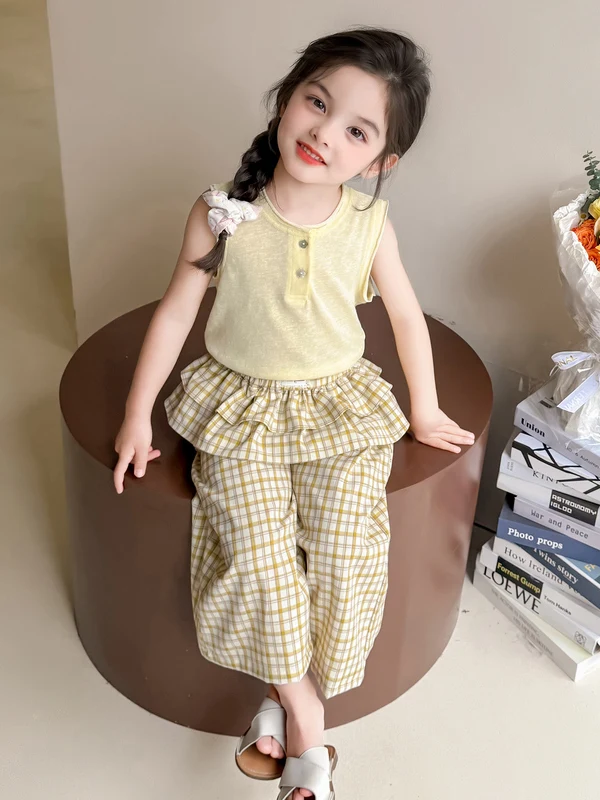 

Summer Svel Loose Plaid Pants Two-Piece Set for Baby Girls Yellow Top Wide Leg Pants Casual Faion Outfit for Kids