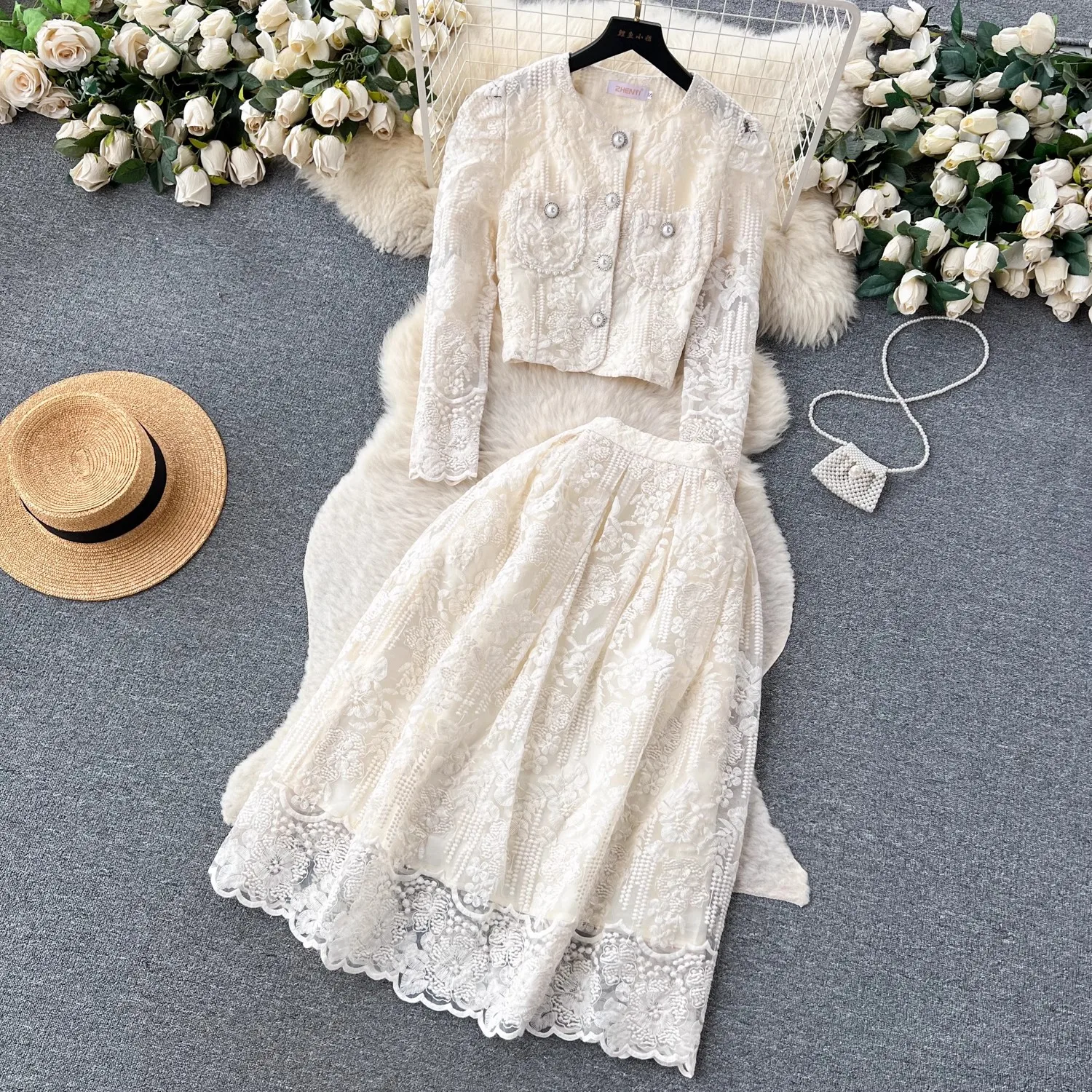 Small Fragrant Embroidery Flower Two Piece Set Women Long Sleeve Pearls Buttons Pocket Lace Mesh Crop Top＋A-Line Midi Skirt Suit image 3