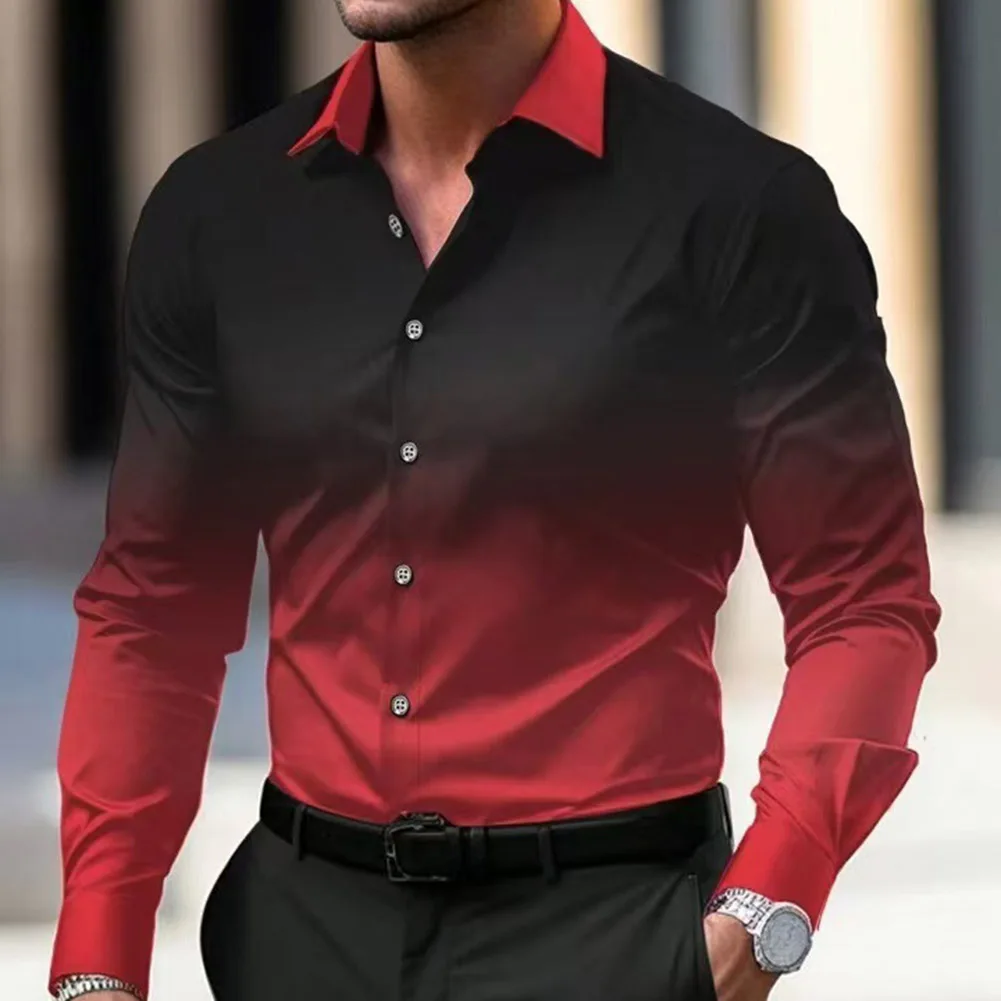 

Blue Fashion Long Sleeve Shirt Men's Top 3D Print Slight Stretch Fashion Casual Style Lapel Neckline Long Sleeve