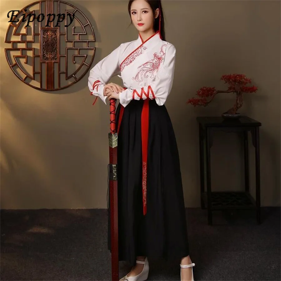 Chińska sukienka starożytne Hanfu Kimono czarne białe czerwone sukienki hanfu haft sztuki walki impreza typu Cosplay kostiumy w stylu chińskim