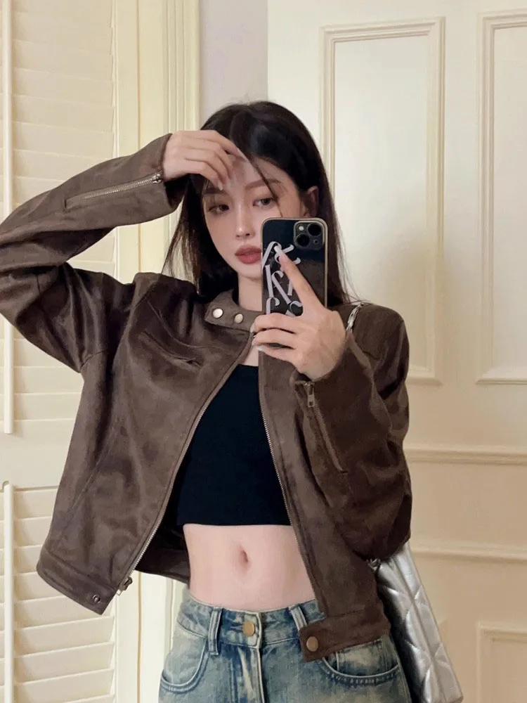 

Корейское женское кожаное джато в стиле ретро, коричневое замшевое облегающее универсальное осеннее пальто 2025, Новое поступление, модное байкерское пальто
