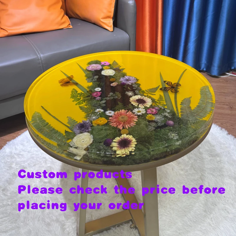custom.Customized Handmade Handicrafts Real Flower Design Round Resin Table Home Living Room Coffee Table Balcony Tea Table