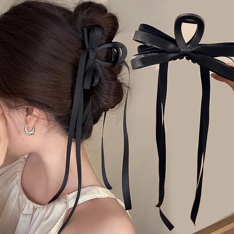 Black Bowknot Hair Claw Sweet Silk Ribbon Bow Hairpin Bang Clip Korean Girls Fashion Grab Clips Female Headwear Hair Accessories