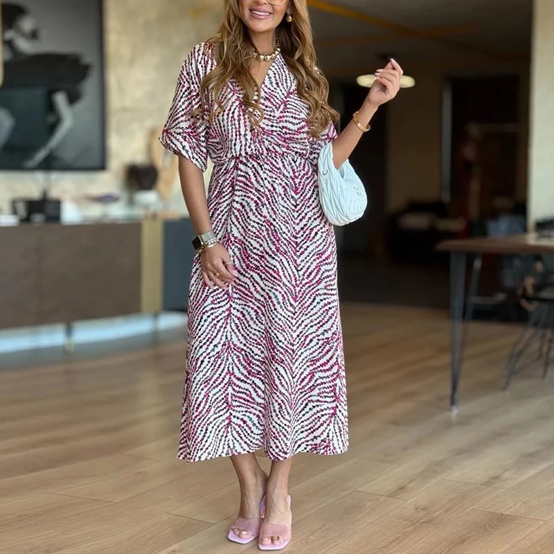 Abito lungo estivo Bech Abito lungo da donna con stampa Boho Abito da donna casual con scollo a V manica corta Abito da festa sexy Abito da festa