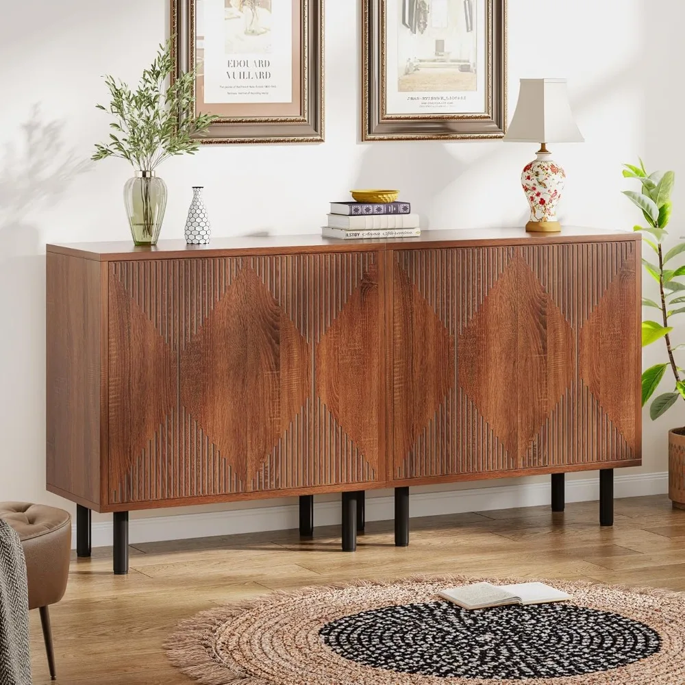 

Vintage Walnut Storage Cabinet Set, Freestanding Floor Cabinet, Sideboard, Wood Buffet Cabinet with Doors
