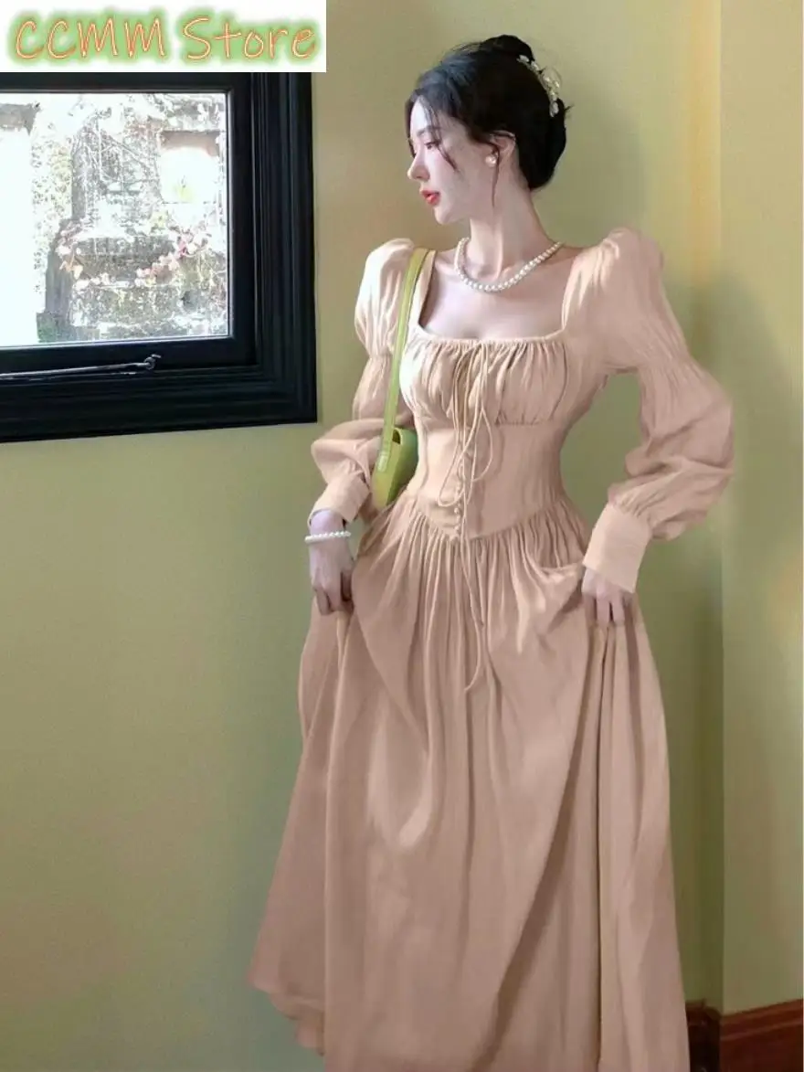 Elegante abito longuette con maniche a lanterna francese con lacci Abito estivo da donna con scollo quadrato Abito da ballo per feste da sera Abiti femminili Mujer Autunno