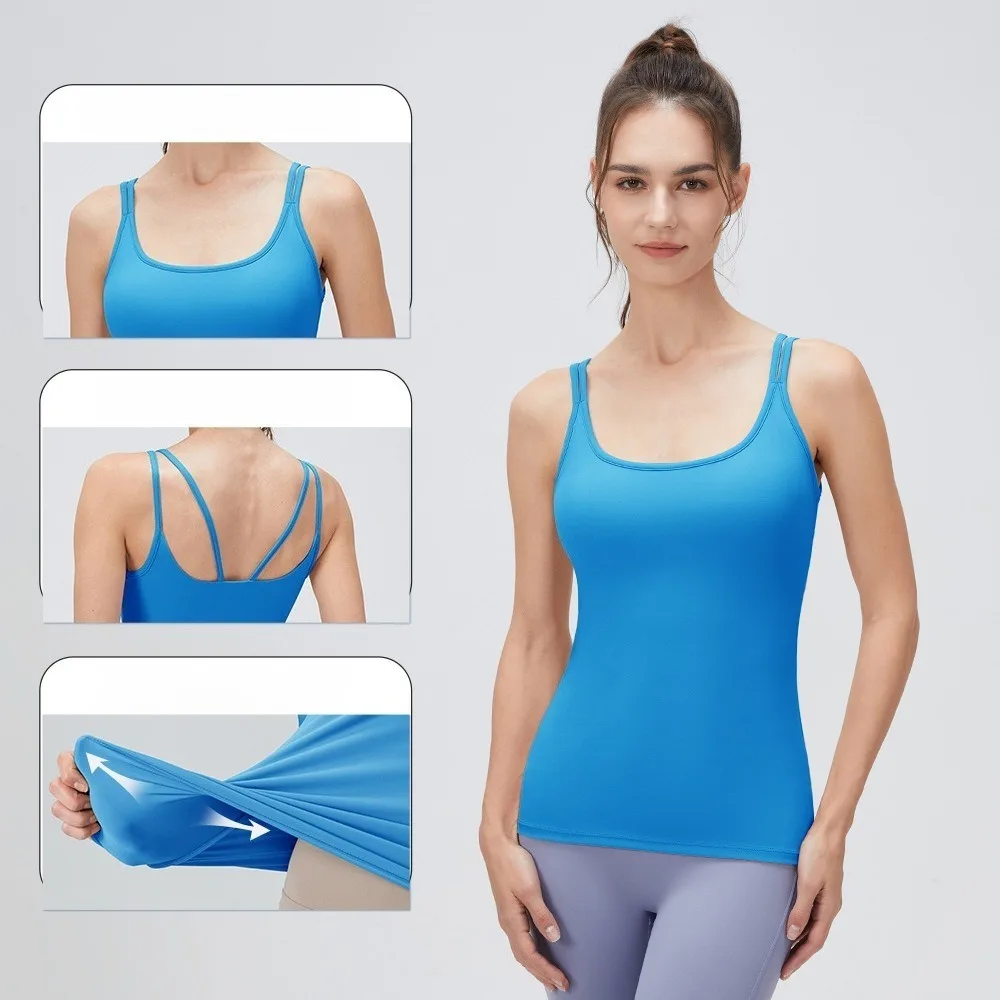 Women Long Length Yoga Tank Tops With Built-in Bra Beauty Back Shockproof Sports Camisole Tops