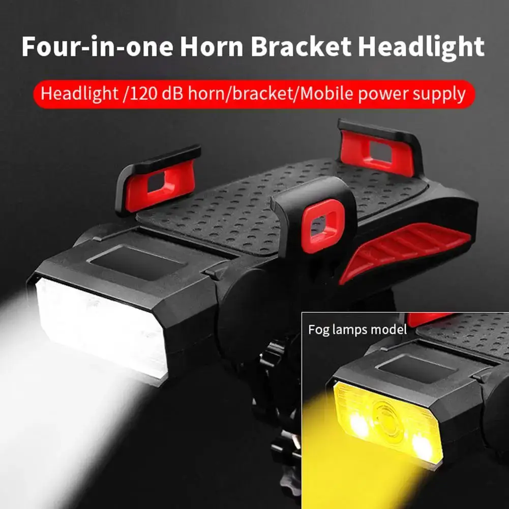 4-in-1 Bicycle Headlight Mobile Phone Holder Horn 5 Mode USB Charging Highlight Cycling Front Light