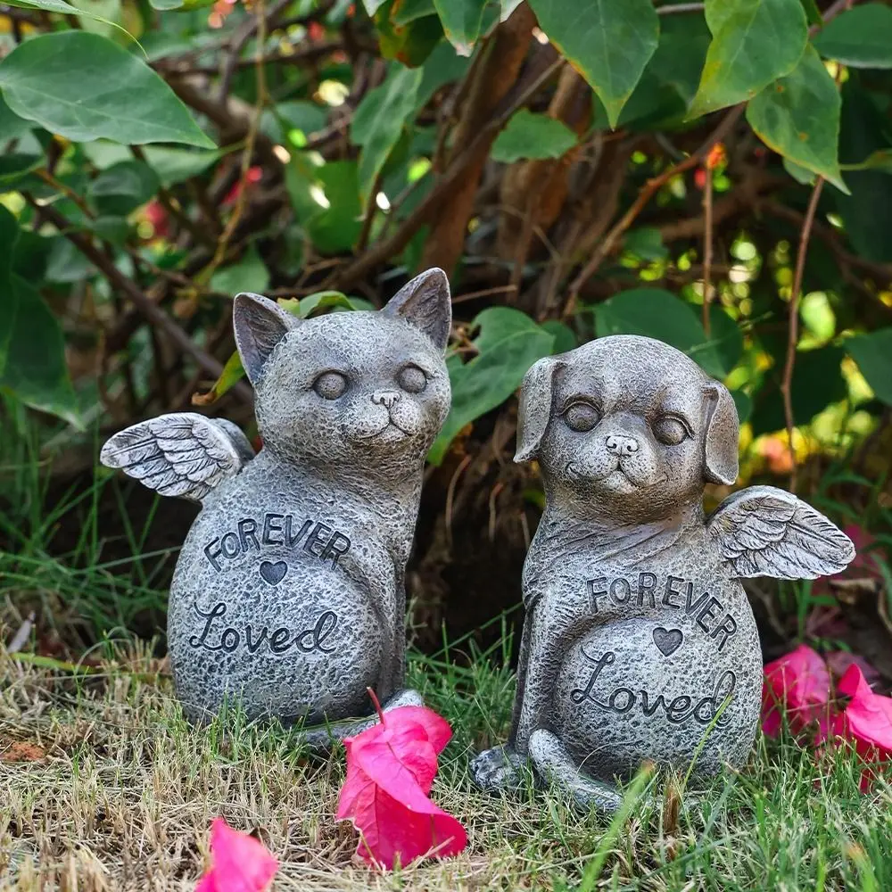 

Resin Pet Memorial Statue Stone Finish Lovely Pet Memorial Tombstone with Wing Weatherproof Pet Dog Cats Memorial Sculpture