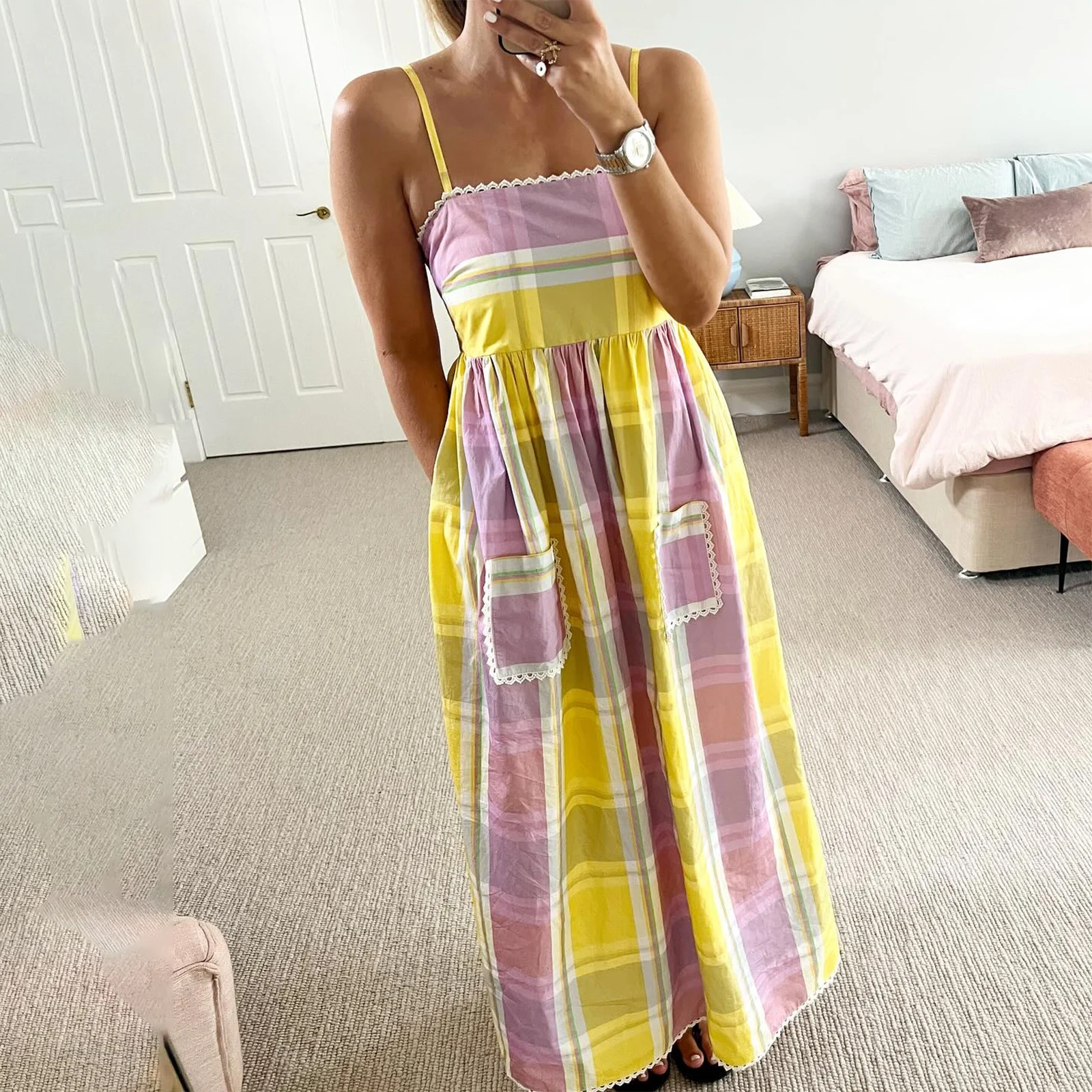 Women Sleeveless Ruffles Striped Print Maxi Dress Spaghetti Strap Loose Pocket Long Dress Boho Flowy Midi Sundress 2025