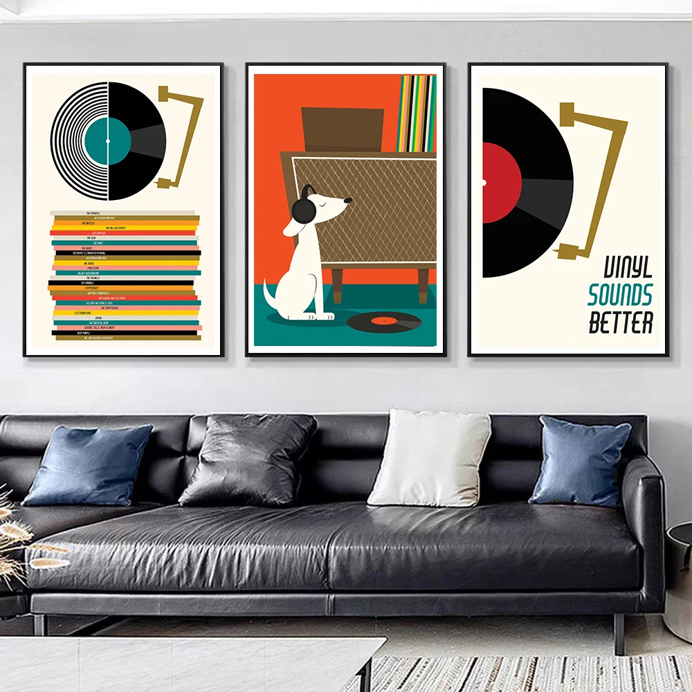 Retro Mid Century Music Album Dog listening to Vinyl Record Poster Canvas Painting Wall Pictures for Living Room Home Decor