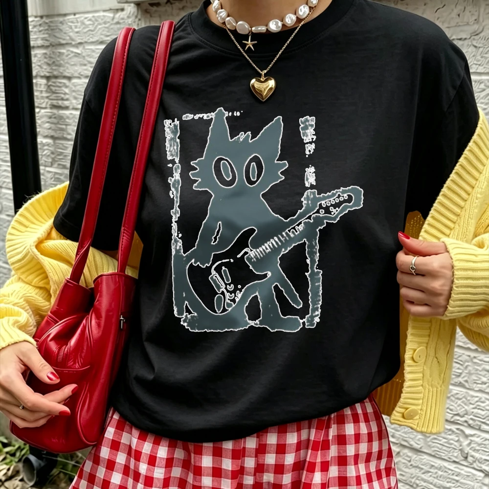 Rock Cat Playing Guitar Stamp Graphic T Shirt Women Retro Punk Kitten Print Tee Casual Round Neck Loose Streetwear Cat Lover Top