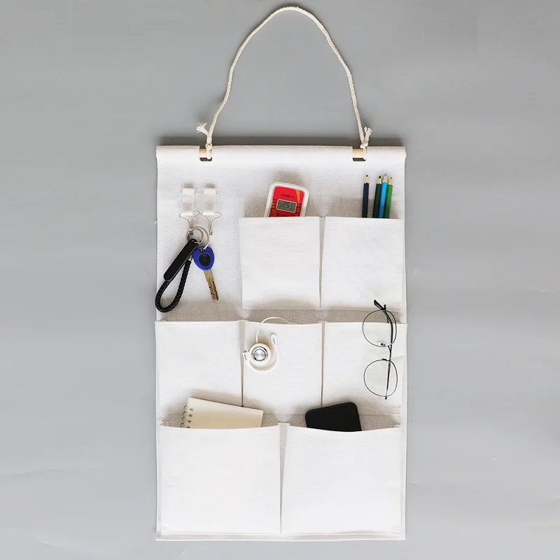 

Multifunctional Cotton and Linen Wooden Stick Fabric Storage Hanging Bag, Original Color, Dormitory Wall Hanging Storage Bag